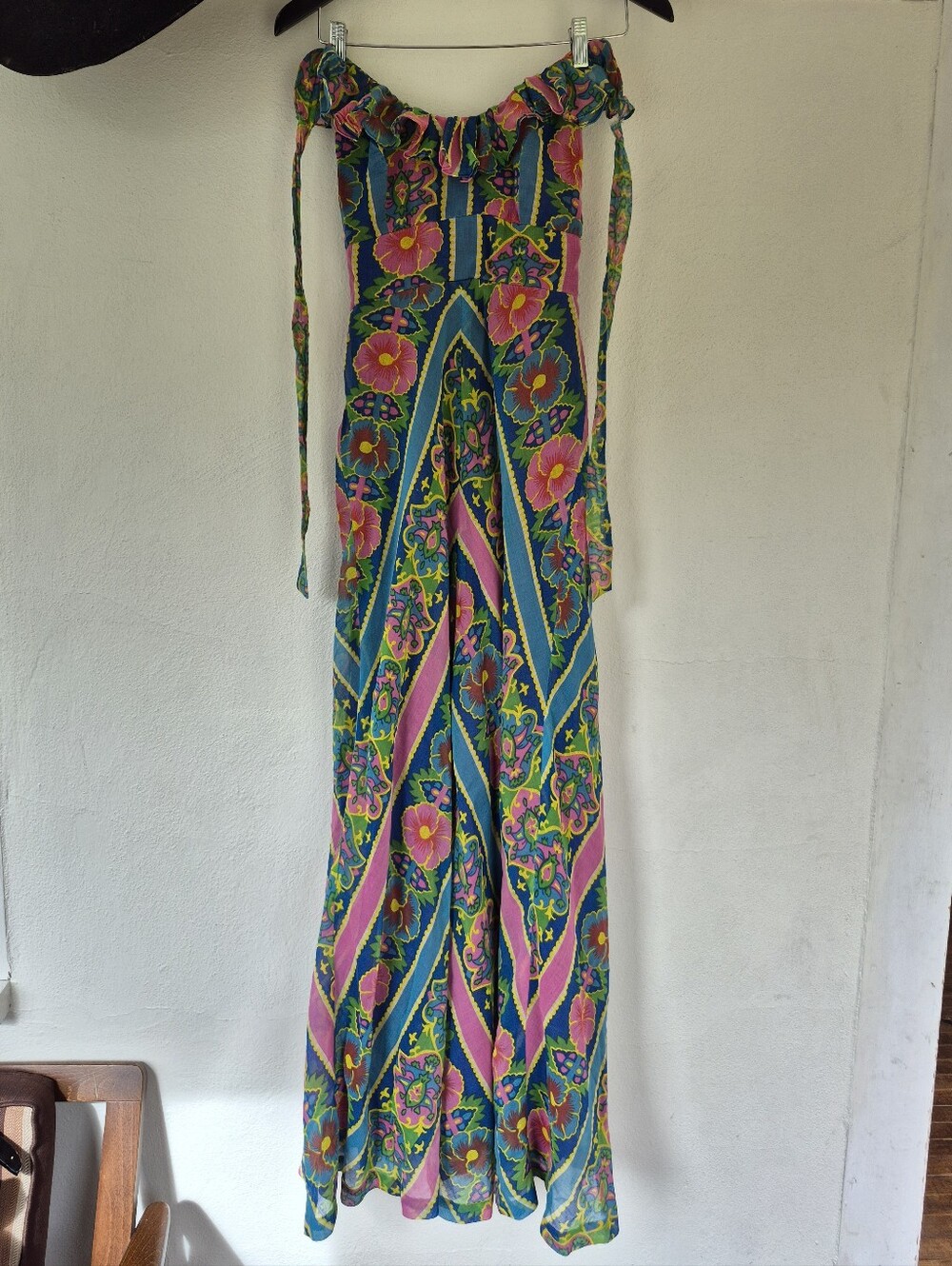Vintage (Maybe 70's) Bright Bold Halter Maxi Dress XS
